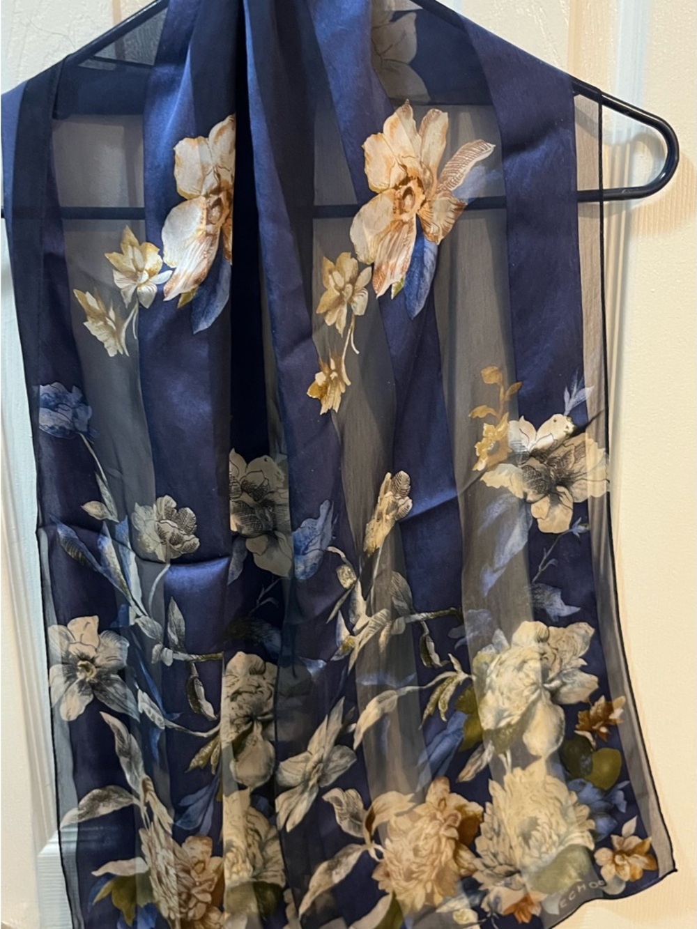 Echo Navy Blue Chic Floral Silk Scarf with Cream and Gold Accents